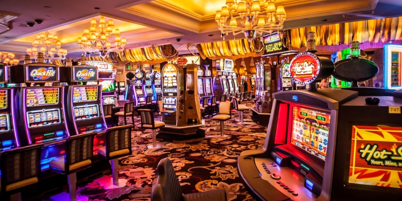 A bustling casino area with various slot machines and dazzling lights, representing activities near Fort Lauderdale Airport.