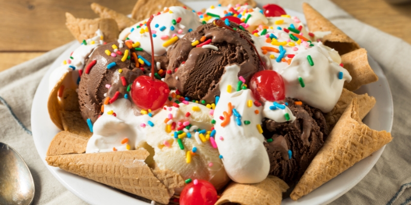 A bowl of ice cream topped with chocolate chips and colorful sprinkles, featured at Jaxson’s Ice Cream Parlour in Fort Lauderdale.